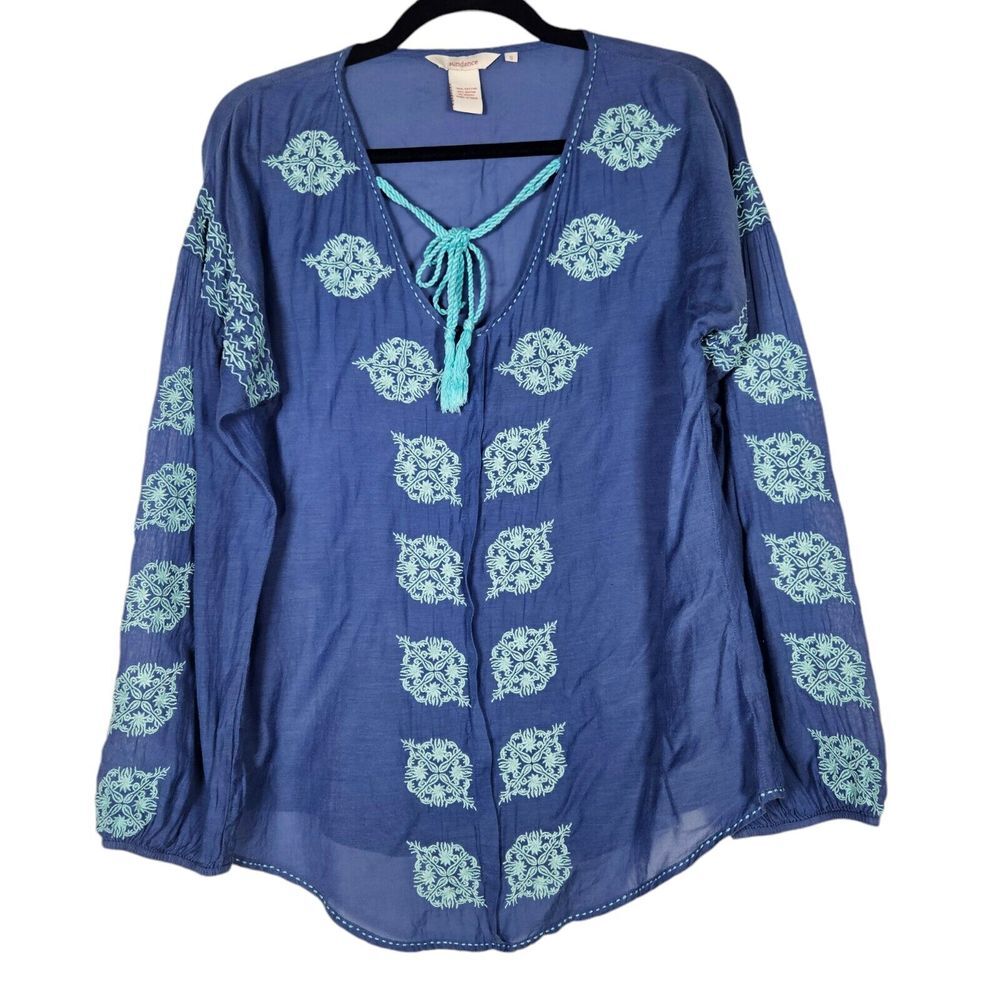 Sundance Womens Size S Embroidered Long Sleeve V-neck Tie Sheer Top Boho Flowy